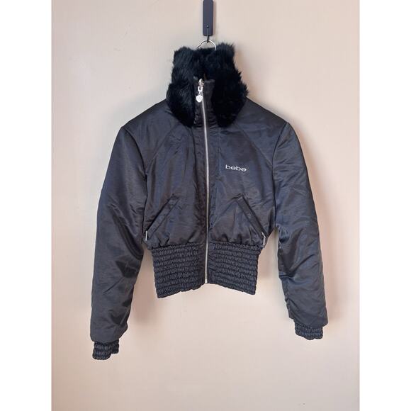 Vtg BEBE Jacket Womens Small Faux Fur Collar Bomber Satin Cinched Hem Pockets
